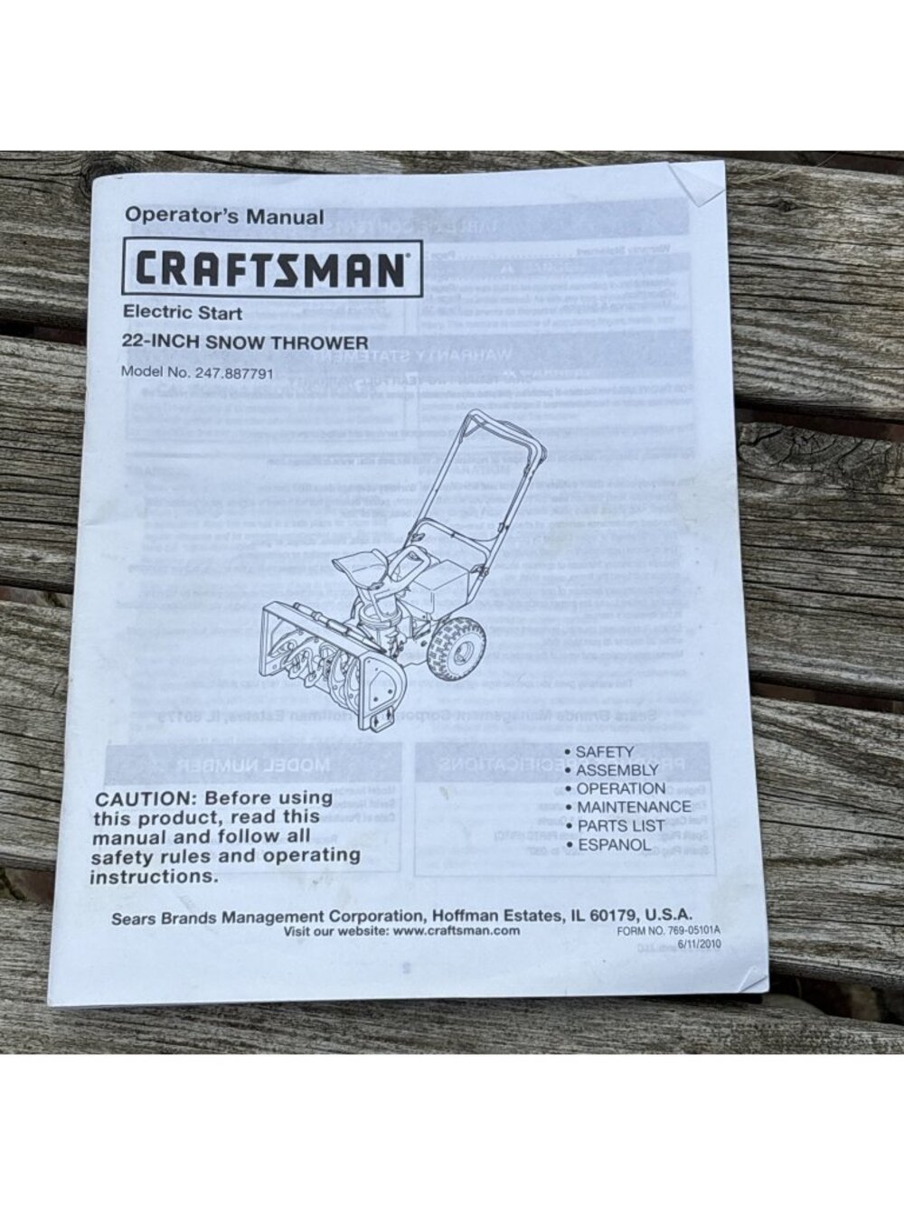Snow Thrower Owners Operator Maintenance Manual Craftsman 22 in 247.887791 Sears
